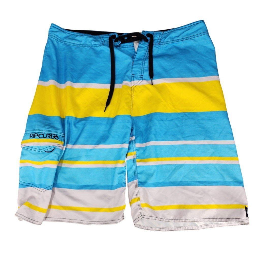 Rip Curl Board Shorts sz 38 Mens Blue Yellow White Stripe Surfer Beach 24" READ‎
